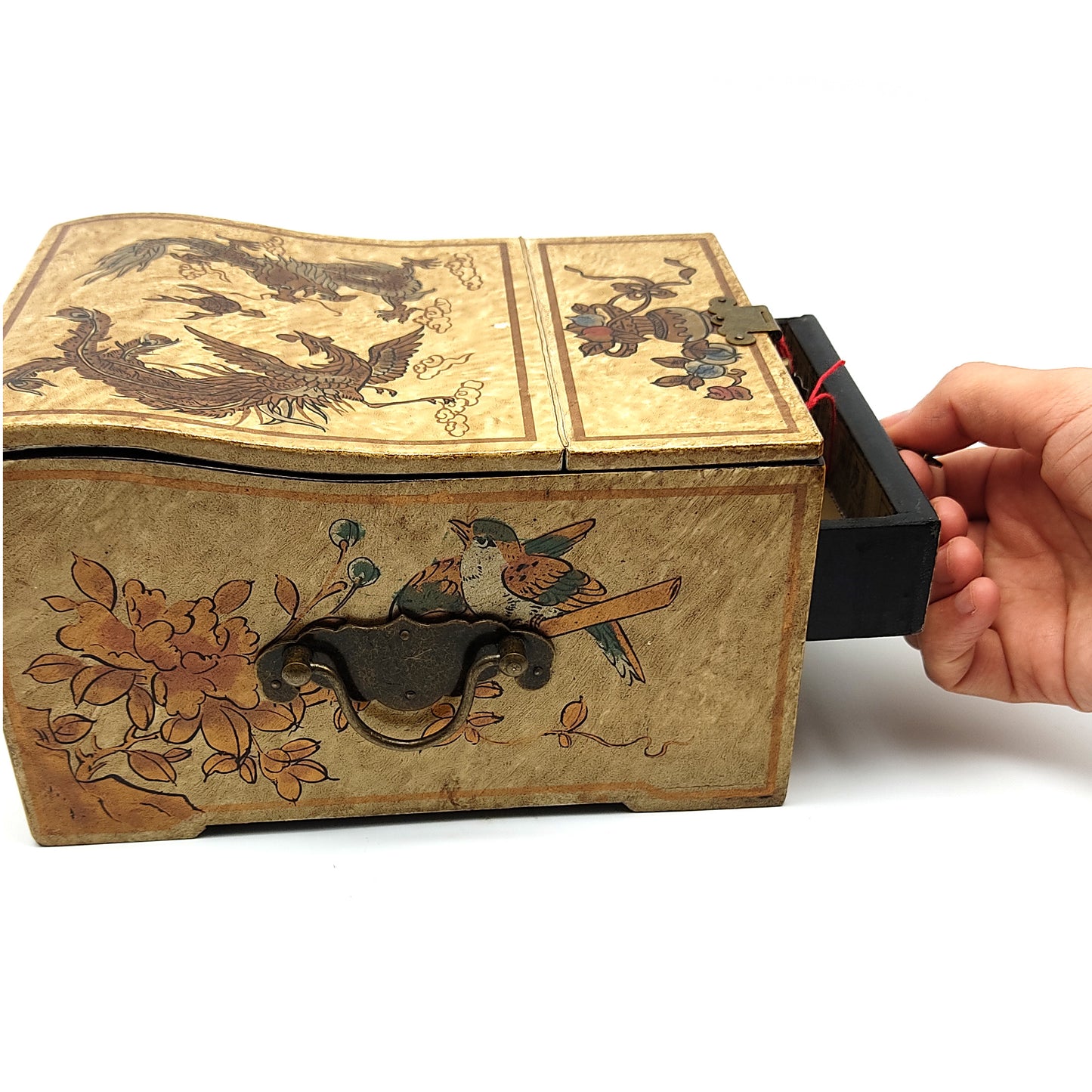 Oriental Jewelry Mirror Trinket Keepsake Wood Decorative Box Handmade 8" Long