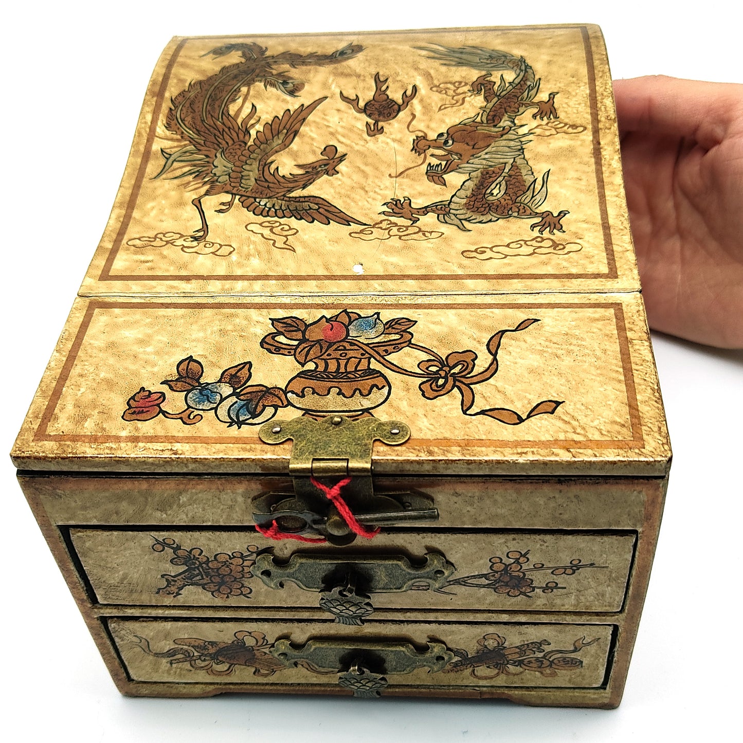 Oriental Jewelry Mirror Trinket Keepsake Wood Decorative Box Handmade 8" Long