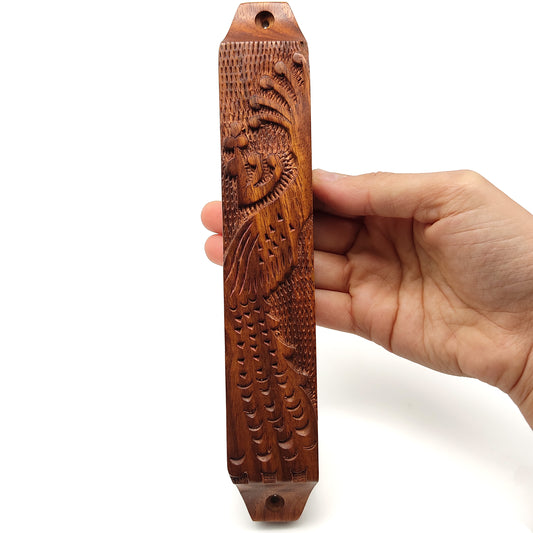 Home Blessing Jewish Wooden Mezuzah Case Handcrafted Peacock Design - 9"