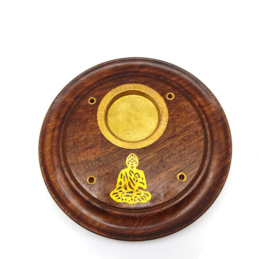 Buddha Handmade Incense Burner For Sticks and Cones Wooden Round Plate  4"