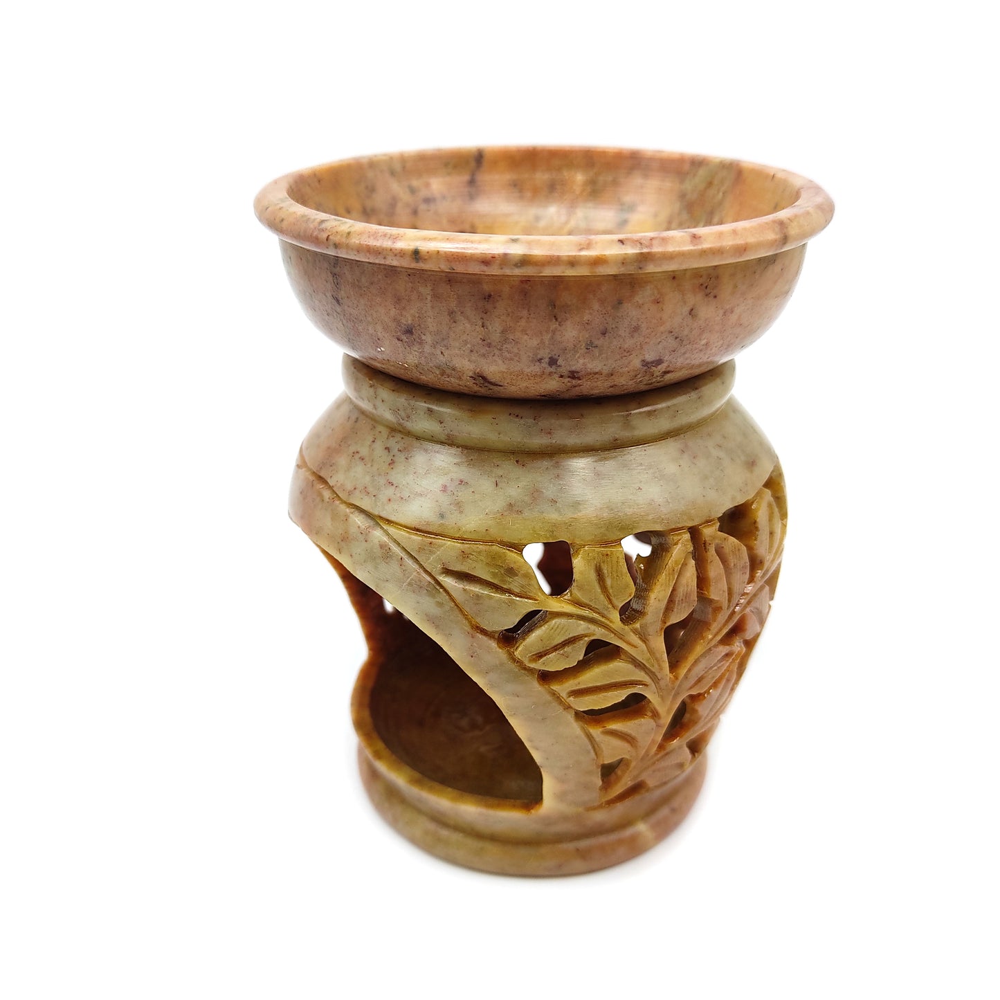 Oil Diffuser Oil Warmer Burner India Soapstone Hand-carved Leaf Flower Design 4.5"