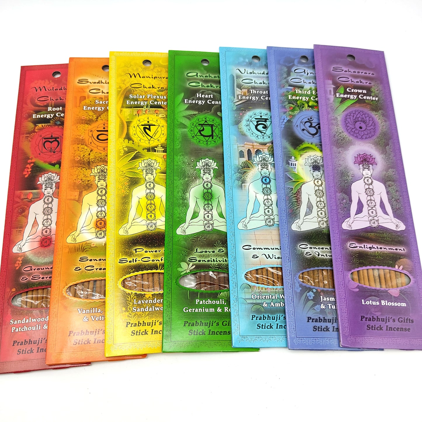 Chakra Stick Incense Set Full Chakra Incense Line 7 Incense Packs W/Buddha Wood Burner