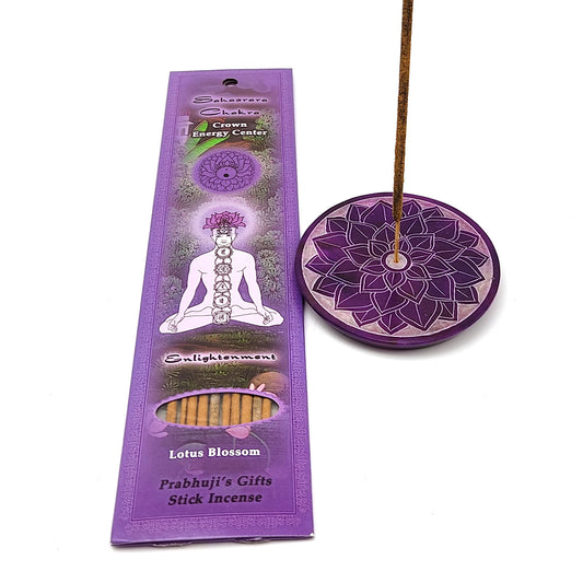 Sahasrara Chakra Soapstone Plate Incense Burner W/ 10 Lotus Vanilla Rose Sticks