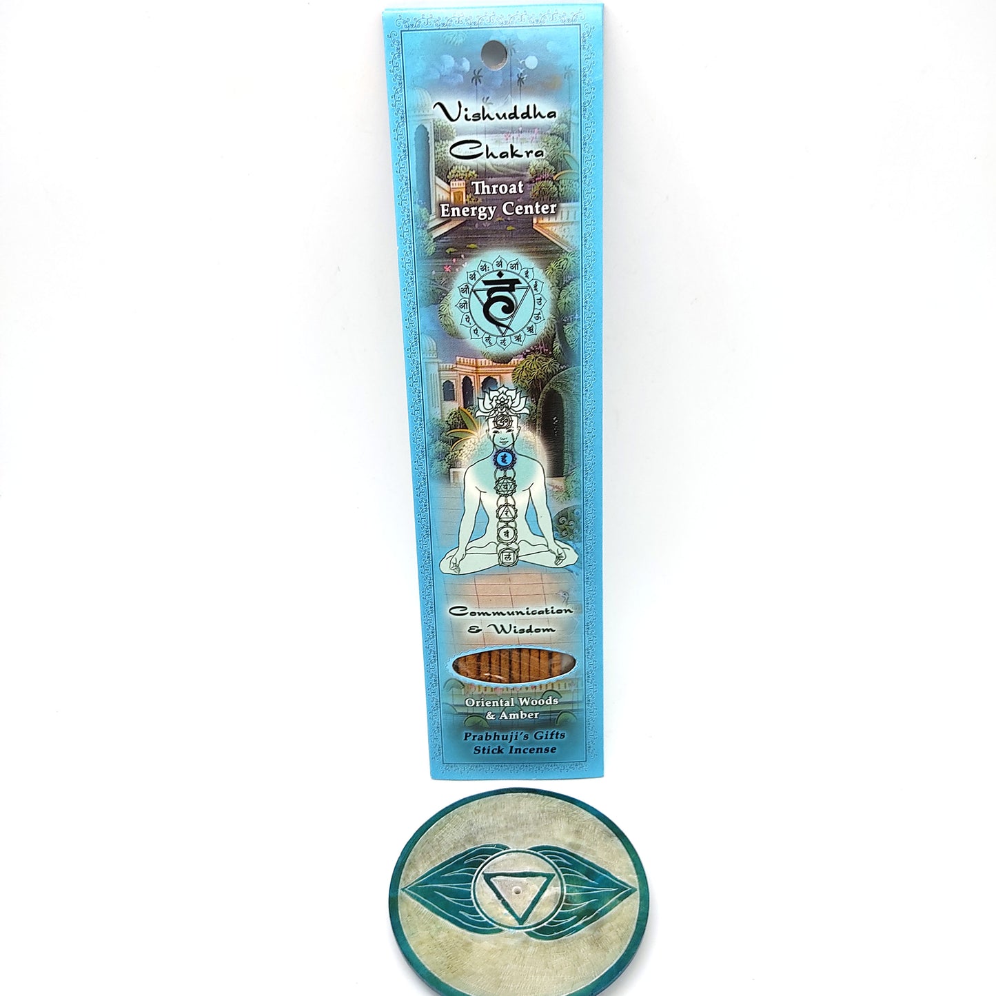 Vishuddha Chakra Soapstone Plate Incense Burner W/ 10 Wood Amber Incense Sticks