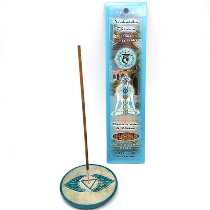 Vishuddha Chakra Soapstone Plate Incense Burner W/ 10 Wood Amber Incense Sticks