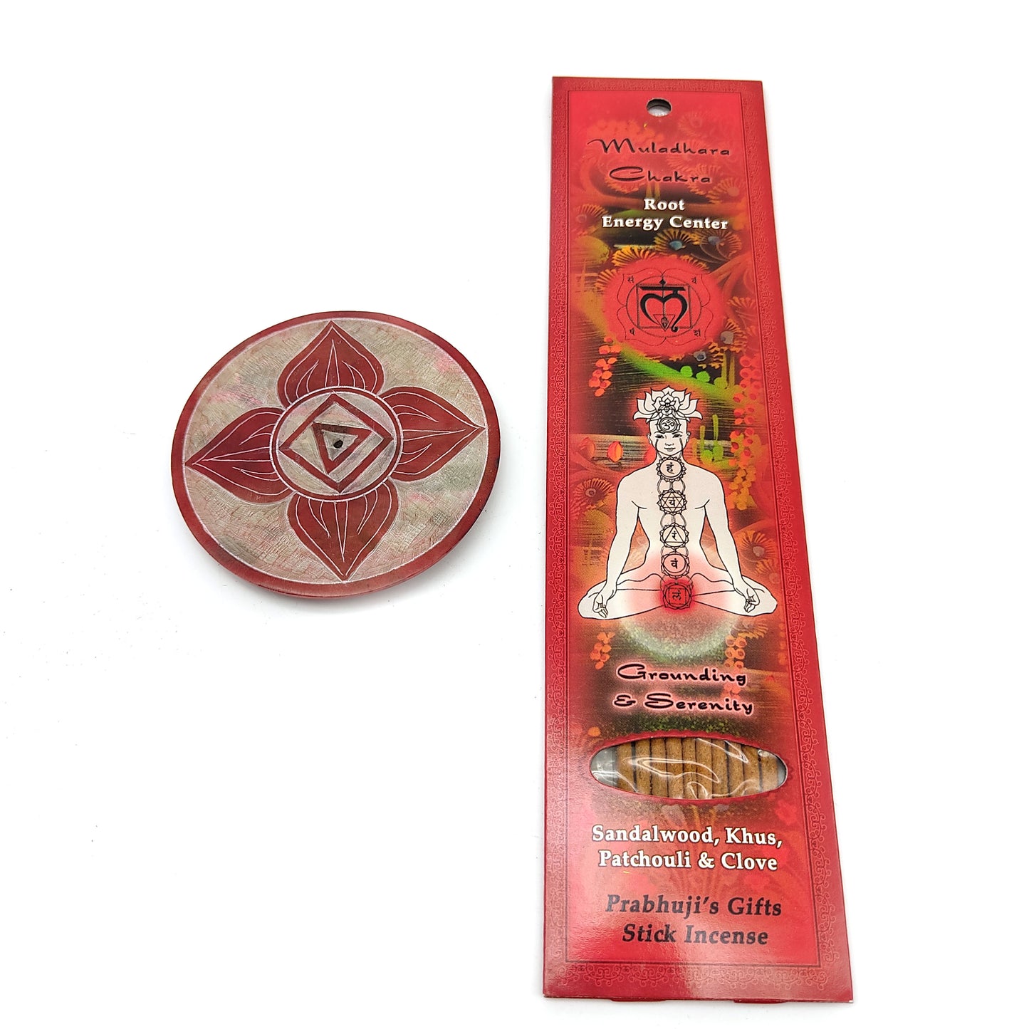 Muladhara Chakra Soapstone Plate Incense Burner W/ 10 Mix Sandalwood Incense
