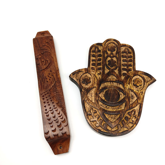 Wooden Mezuzah and Hamsa Judaica Home Blessing Gift Set Handcrafted