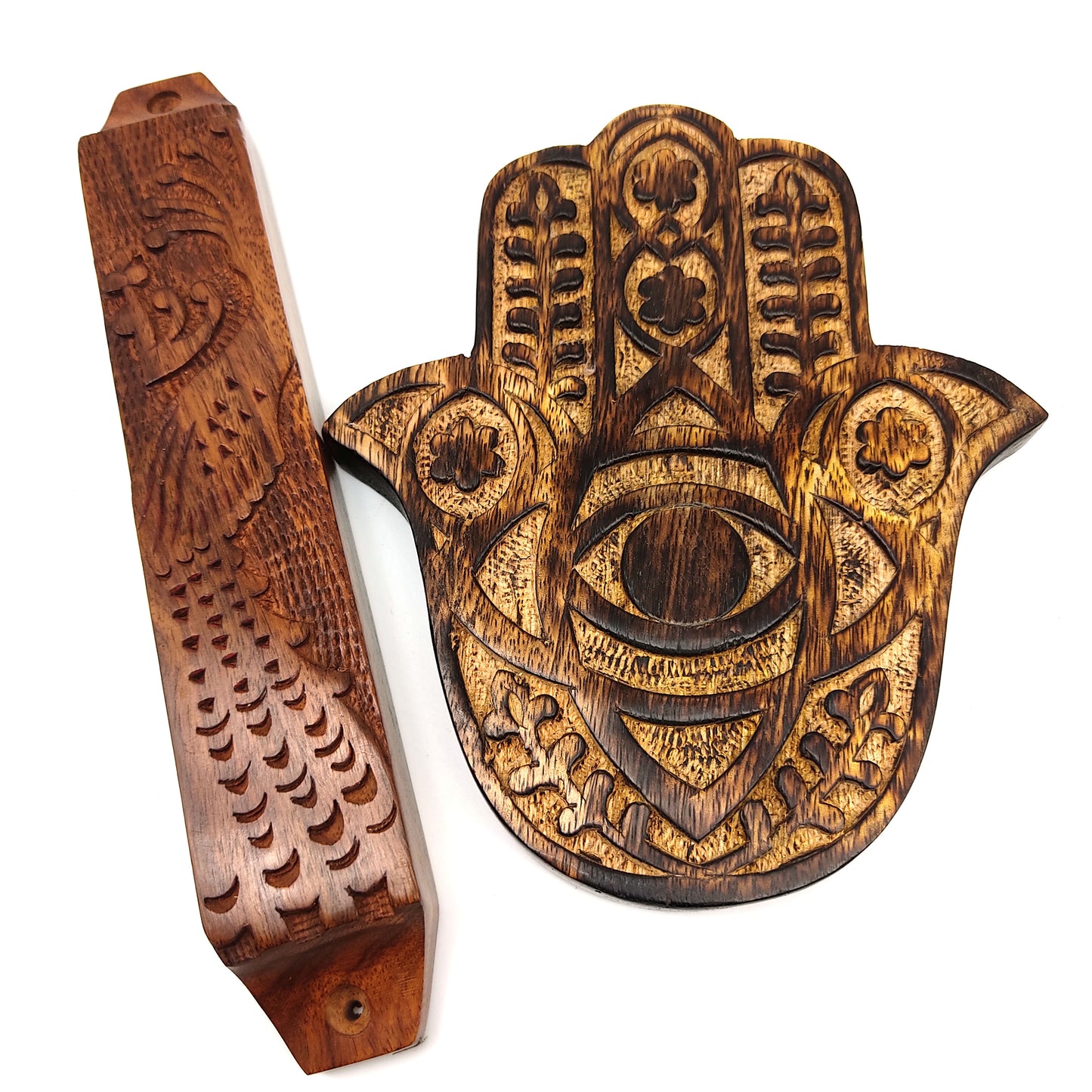 Wooden Mezuzah and Hamsa Judaica Home Blessing Gift Set Handcrafted