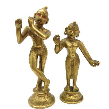 Antique Brass India Gods Sri Radha-Krishna On Lotus Deities Statue Murti Idols Set