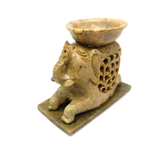 3 Piece Hand-Carved Natural India Soapstone Elephant Oil Burner Oil Diffuser 5.5"