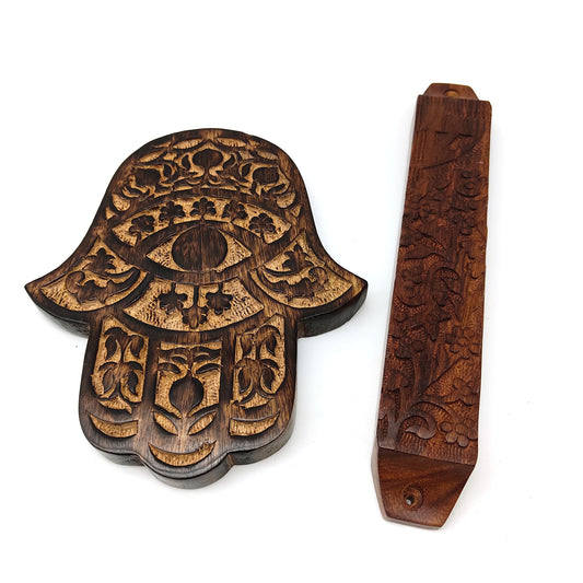 Wooden Mezuzah Case Hamsa Judaica Home Blessing Gift Set Handcrafted