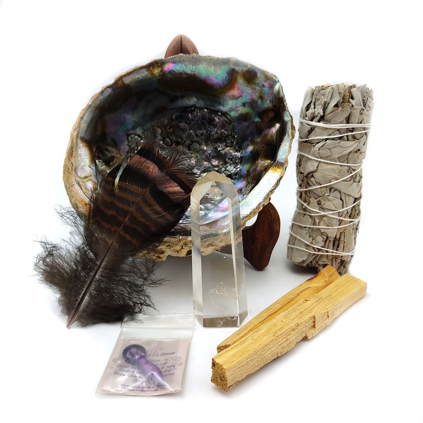 Smudging Abalone Shell Cleansing Kit  Sage Palo Santo Healing Crystal Wand Feather