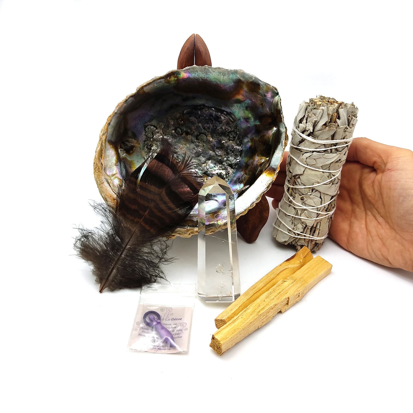 Smudging Abalone Shell Cleansing Kit  Sage Palo Santo Healing Crystal Wand Feather