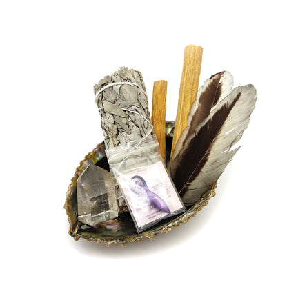 Smudging Cleansing Kit Abalone Shell Sage Palo Santo Healing Crystal Wand Feather