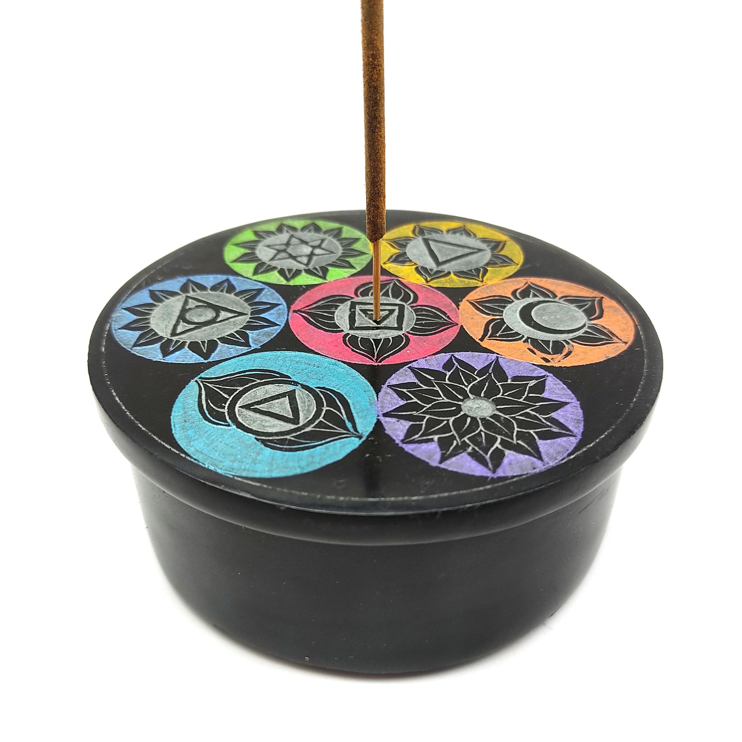 Black Soapstone Hand-painted 7 Chakras Stick Incense Box Decorative Burner 4"