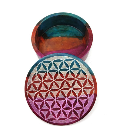Colorful Flower of Life Soapstone Set Hand-painted Stick Incense Plate and Trinket Box