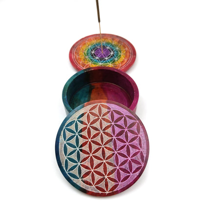 Colorful Flower of Life Soapstone Set Hand-painted Stick Incense Plate and Trinket Box