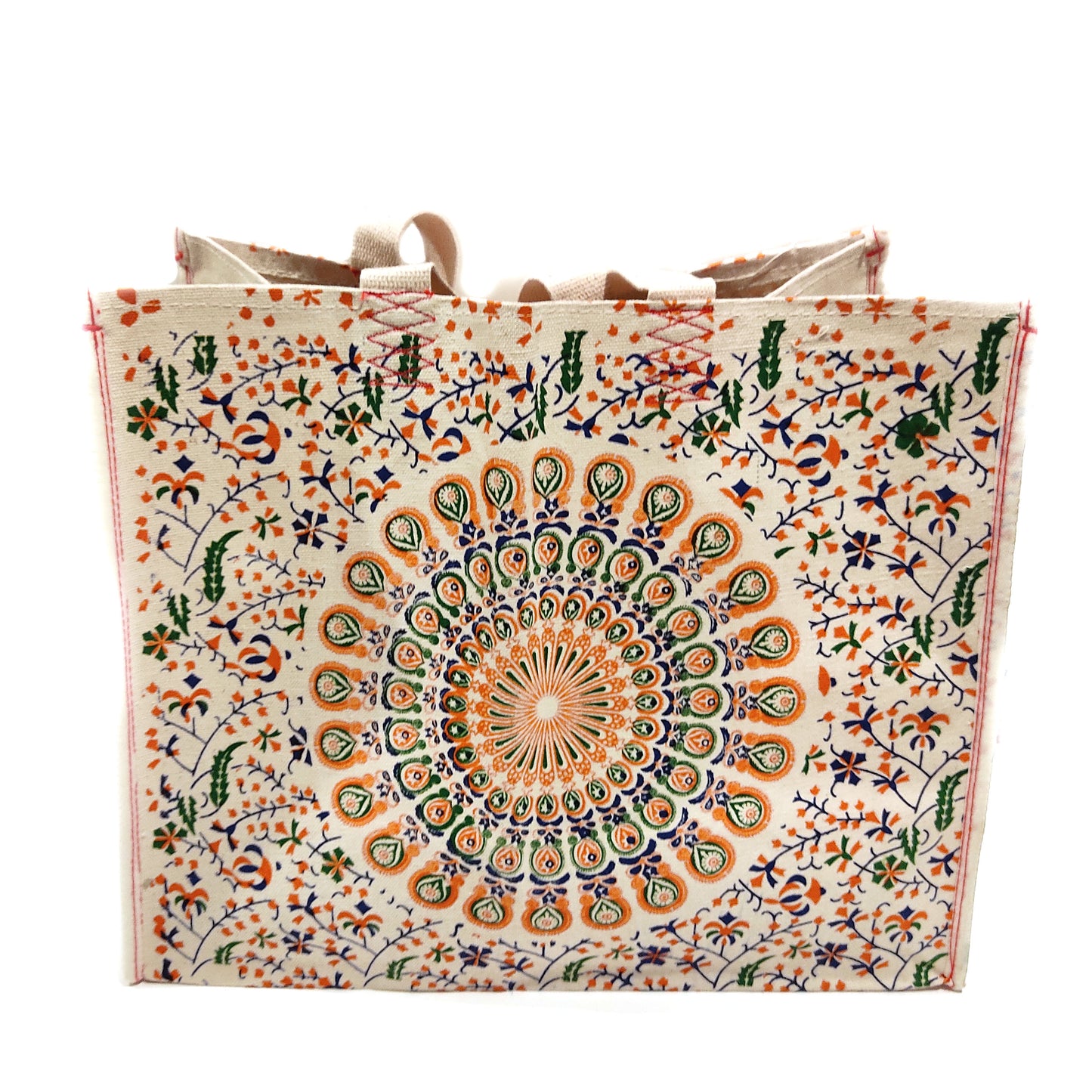 Heavy Weight Cream Color Canvas Tose Bag With Colorful Peacock Design 16"X19"