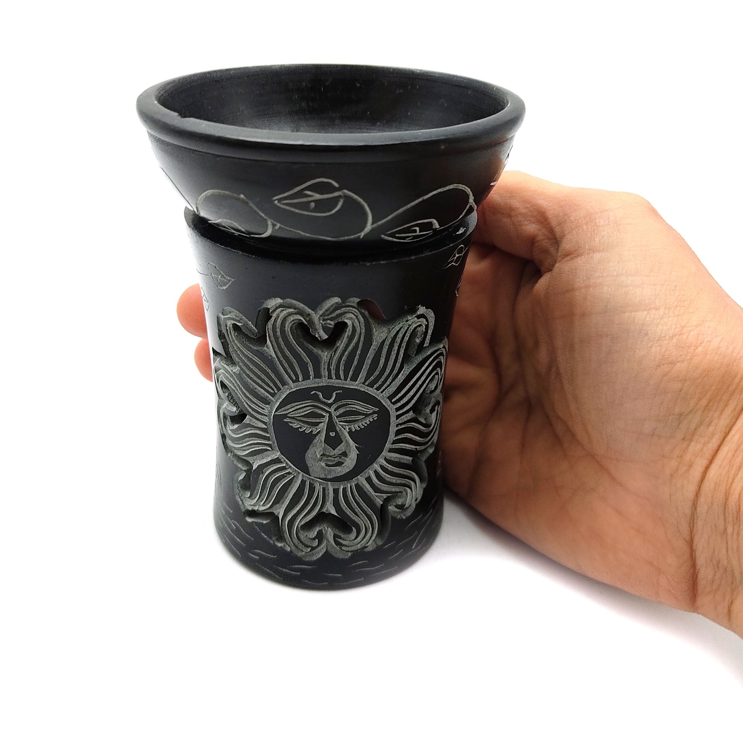 Sun Carved Oil Diffuser Oil Burner Decorative Black Soapstone Candle Holder  4.25"