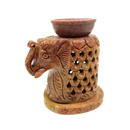 Elephant Oil Burner Diffuser Candle Holder 3-Piece Hand-Carved Soapstone 5" Tall