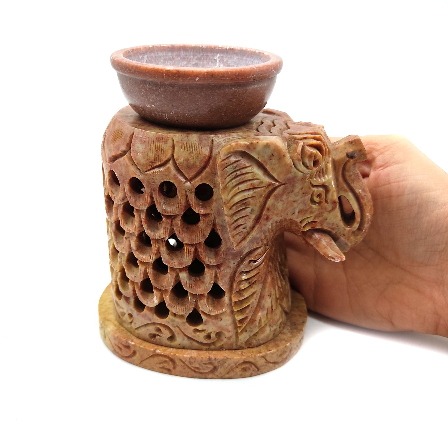 Elephant Oil Burner Diffuser Candle Holder 3-Piece Hand-Carved Soapstone 5" Tall