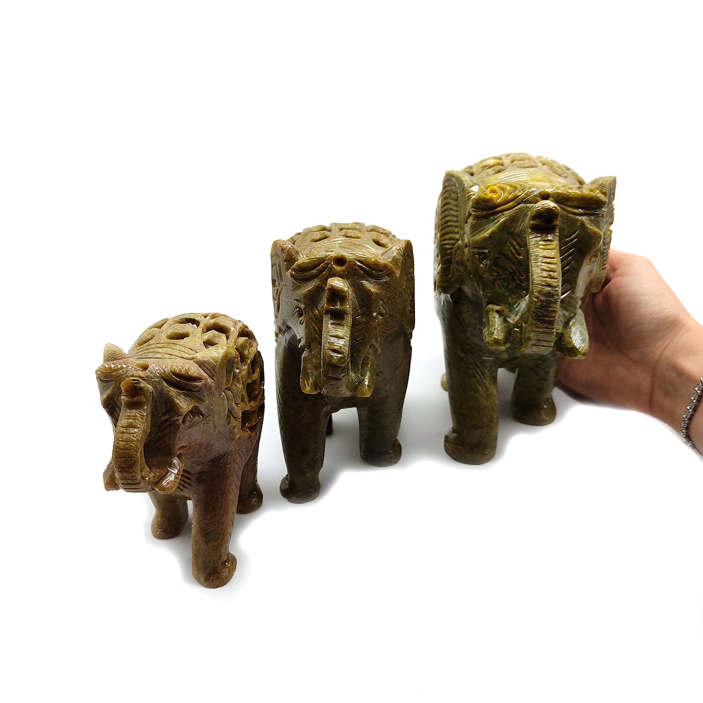 3 Set Carved Soapstone Elephants W/Baby Inside Home Blessing Protection Statue Set