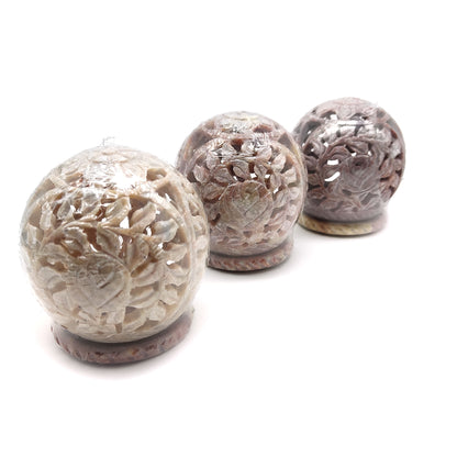 Candle Incense Cones Burner Holder Soapstone Carved T-Lite Ball Flowers 3”