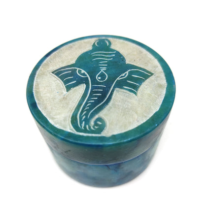 Pair Ganesh Soapstone India Handcrafted Round Pill Box Decorative Trinket Box 2"