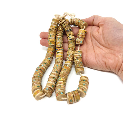 93 Tibetan Turquoise and Coral Inlaid Yak Bone 13mm Disc Beads Handmade