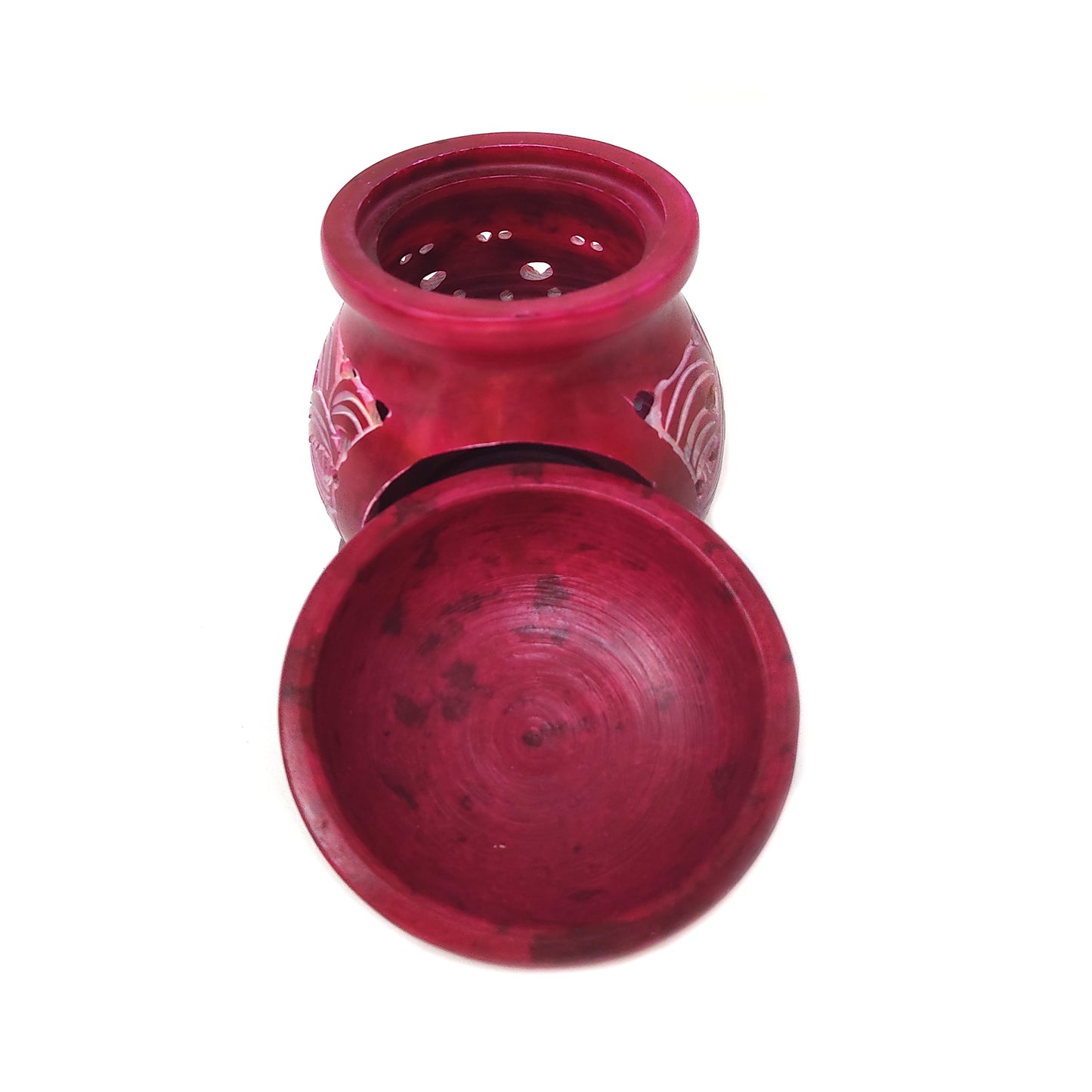 Red Soapstone Oil Diffuser Oil Burner Tealight Candle Holder Hand-carved Burner 4"