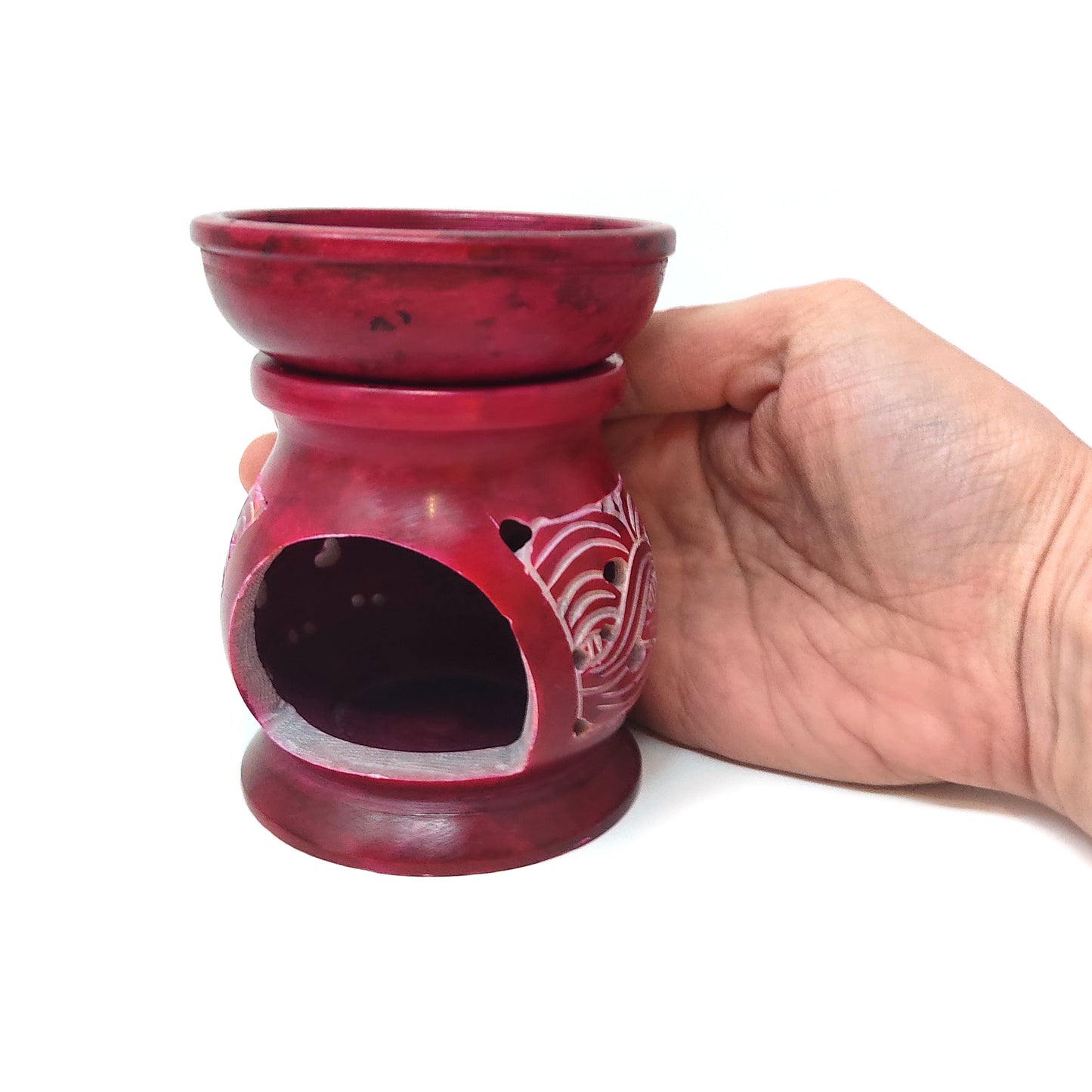 Red Soapstone Oil Diffuser Oil Burner Tealight Candle Holder Hand-carved Burner 4"