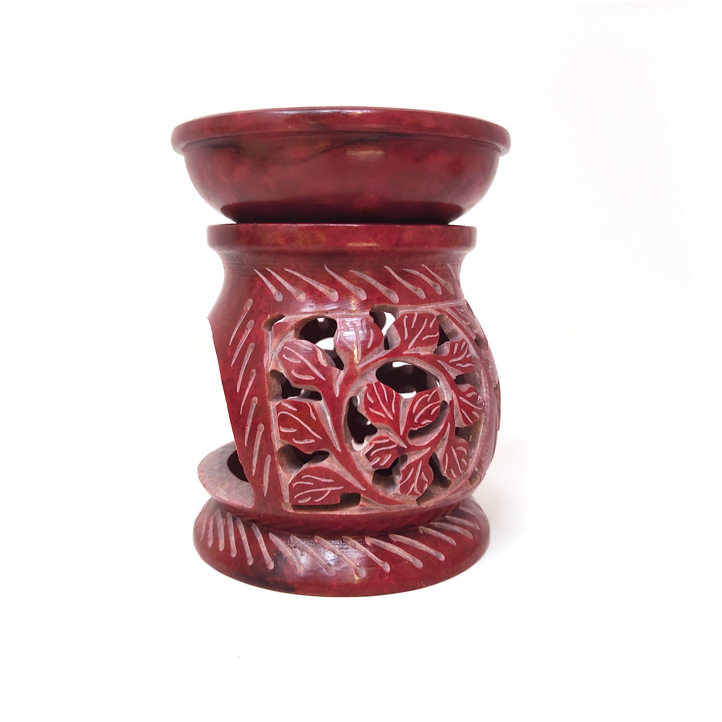 Red Soapstone Oil Diffuser Oil Burner Tealight Candle Holder Hand-carved Leaves 4"