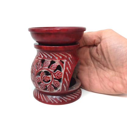 Red Soapstone Oil Diffuser Oil Burner Tealight Candle Holder Hand-carved Leaves 4"