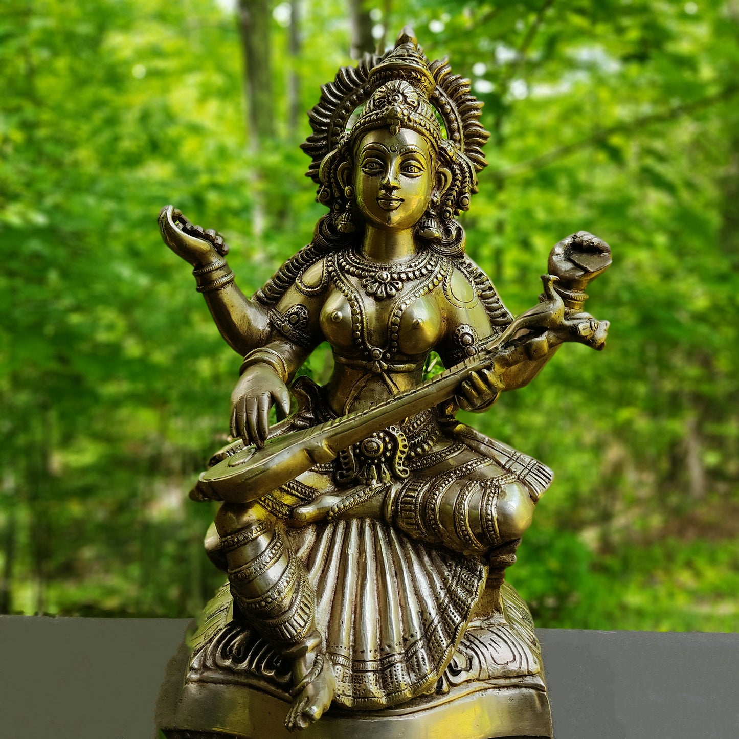 Saraswati Large Solid Brass India Goddess Mata Saraswati Maa Statue Sculpture 18.5"