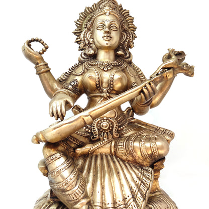 Saraswati Large Solid Brass India Goddess Mata Saraswati Maa Statue Sculpture 18.5"