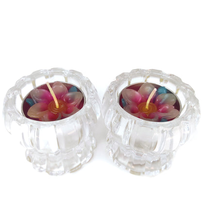 Deplomb Lead Crystal Candle Holders With Flower Colorful Tea Light Candles Pair 2.5"