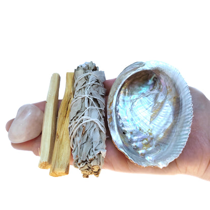 White Sage Smudge Kit Abalone Shell Palo Santo Rose Quartz Spiritual Cleansing