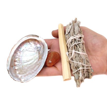 White Sage Smudge Kit Abalone Shell Palo Santo Carnelian Agate Spiritual Cleansing