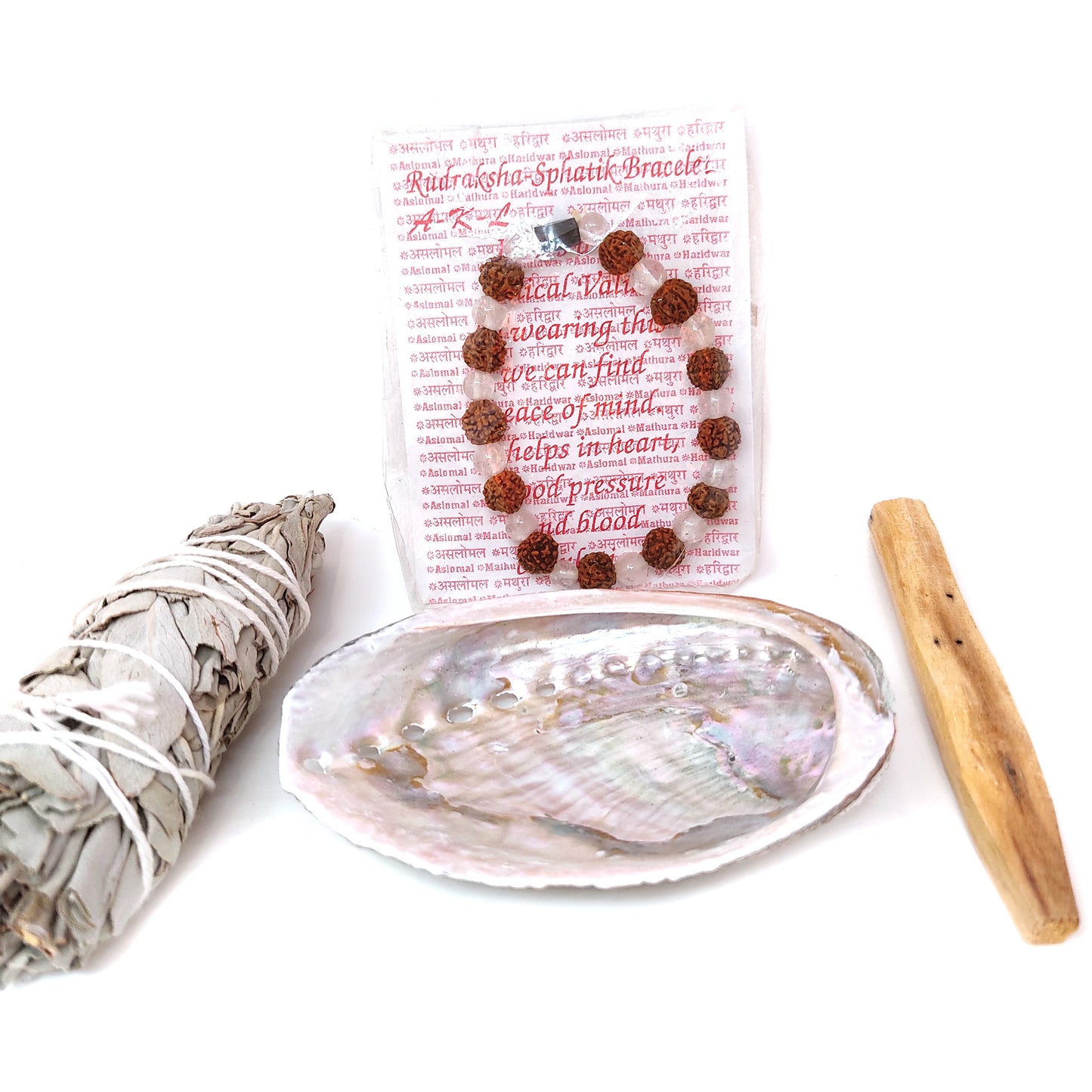 White Sage Smudge Kit Abalone Shell Palo Santo Crystal Rudraksha Healing Bracelet