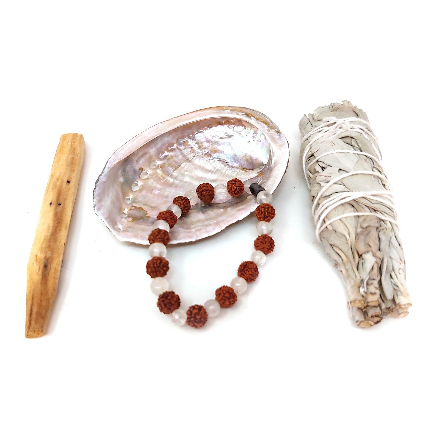 White Sage Smudge Kit Abalone Shell Palo Santo Crystal Rudraksha Healing Bracelet