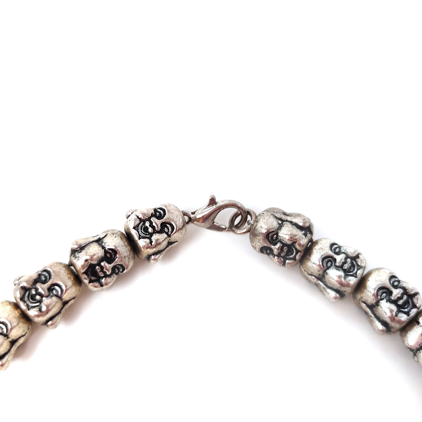 Tibetan Silver-tone Laughing Buddha Head Beads Necklace Buddhism 19.5" Necklace