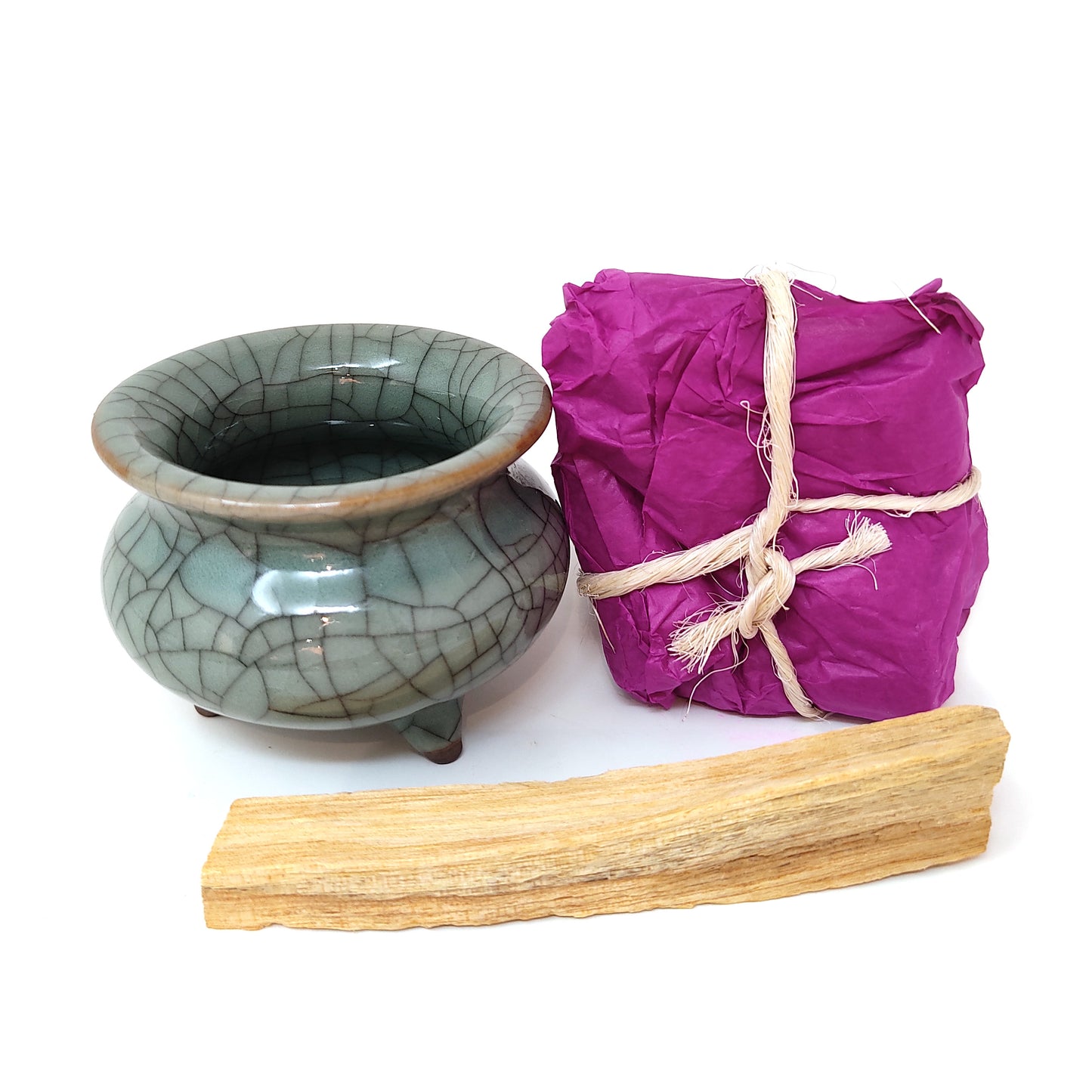 Porcelain Crackle Glaze Celadon Burner Smudge Kit Palo Santo Cones and Stick Kit