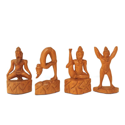 Set of 4 All Wood Yoga Posture Hand-carved Yogi Asana Sculpture Figurine Statue 6"