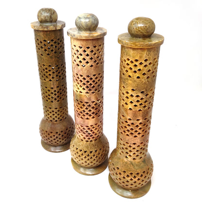Soapstone Jali Tower Stick Incense Burner Ash Catcher India Hand-Carved 10"