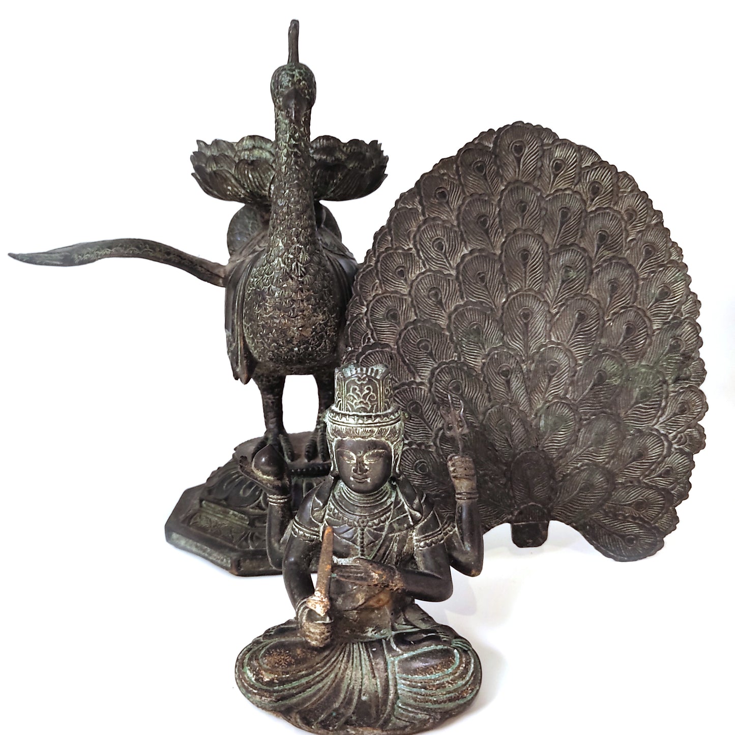 Mahamayuri Buddha Statue Kwan Yin On Peacock Bodhisattva Sculpture 14"