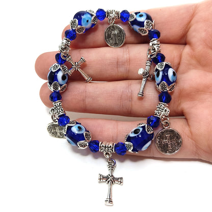 Gift Set Selenite Hand of Fatima Candle Holder and Evil Eye Cross Charms Bracelet