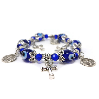 Evil Eye Cross Charms Bracelet Love Protection Gift - Turksih Eye Blue Glass Beads