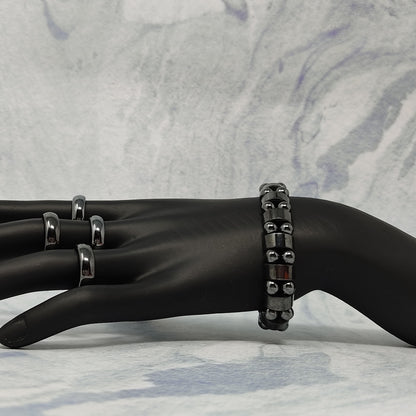 Hematite Men's Jewelry Gift Set Ring Stretch Bracelet Evil Eye Hamsa Pendant