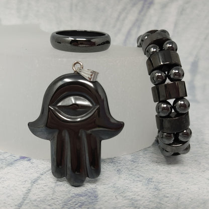 Hematite Men's Jewelry Gift Set Ring Stretch Bracelet Evil Eye Hamsa Pendant