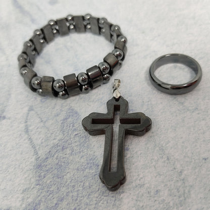 Hematite Men's Jewelry Gift Set Ring Stretch Bracelet Cross Pendant Black Hematite